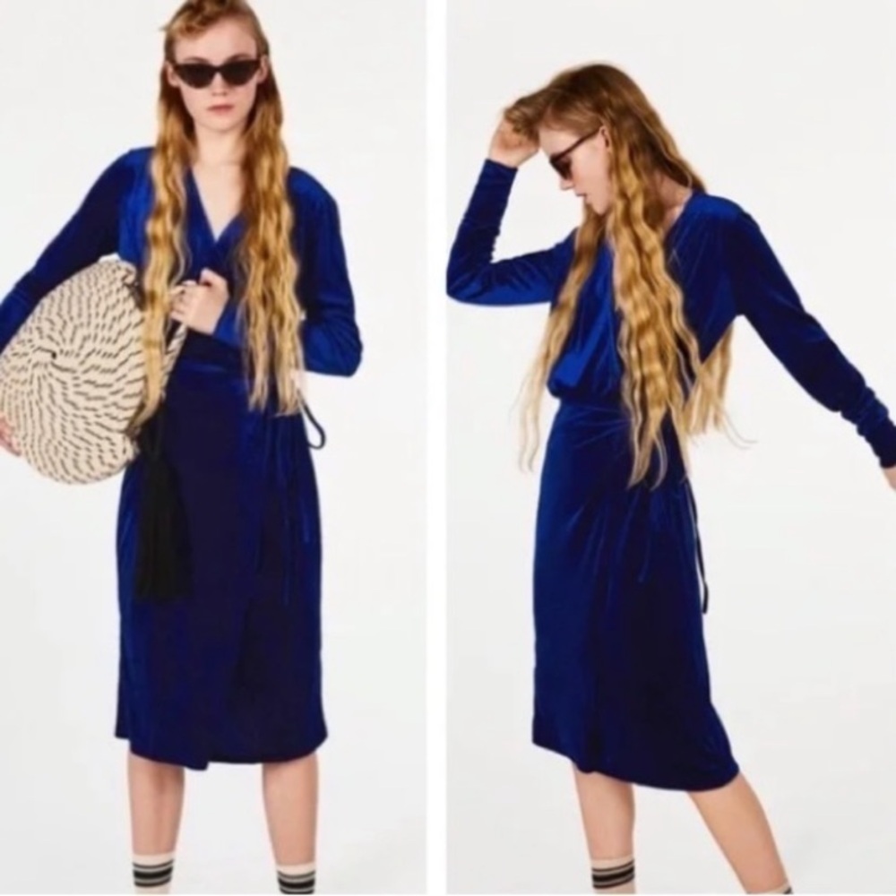 Zara bright blue v-neck tie front velvet dress S